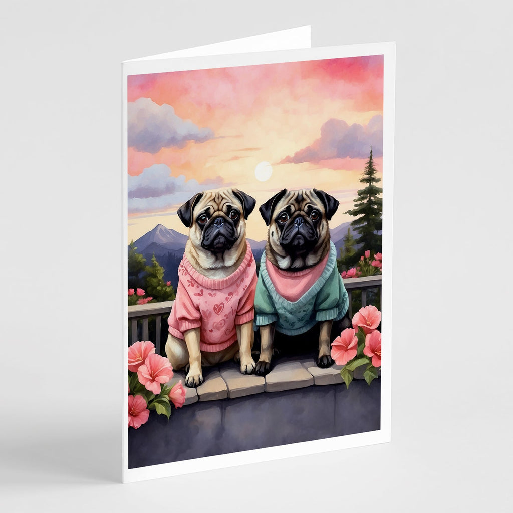 Pug Two Hearts Greeting Cards Pack of 8 Blank Cards with Envelopes Whimsical A7 Size 5x7