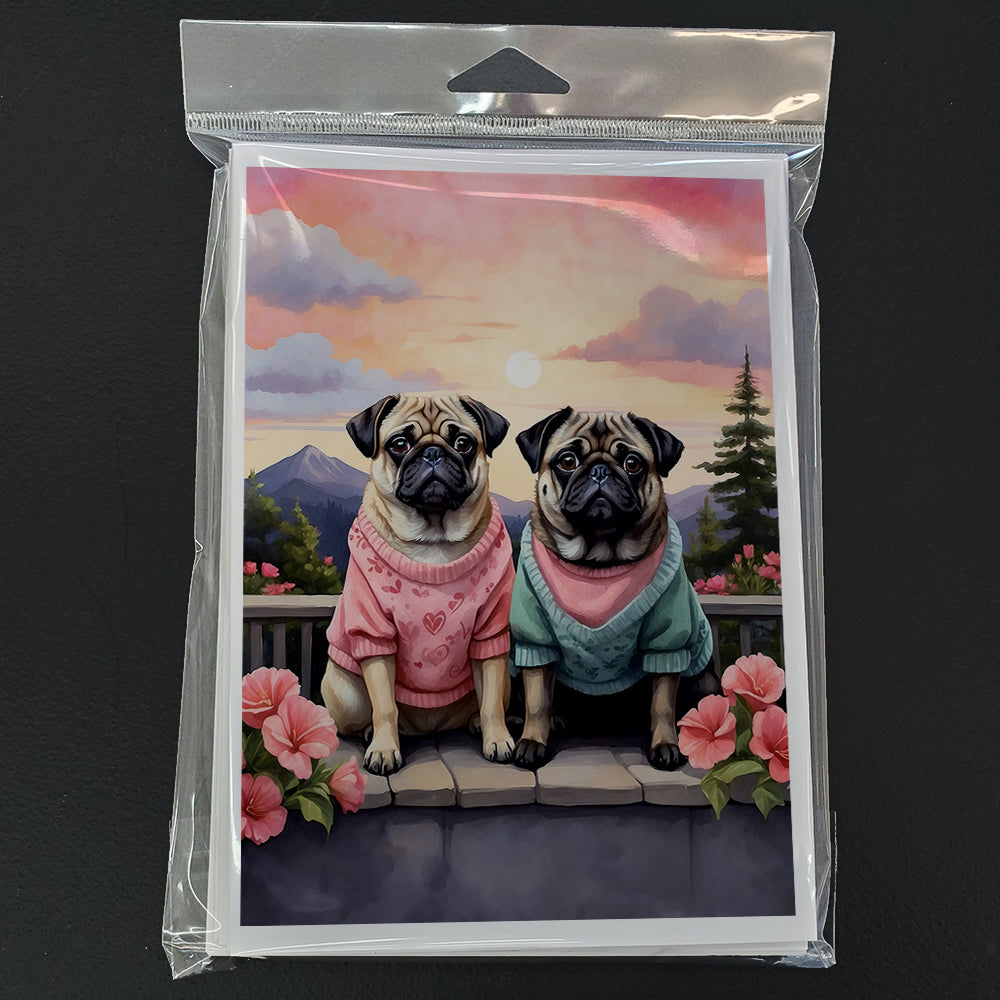 Pug Two Hearts Greeting Cards Pack of 8 Blank Cards with Envelopes Whimsical A7 Size 5x7