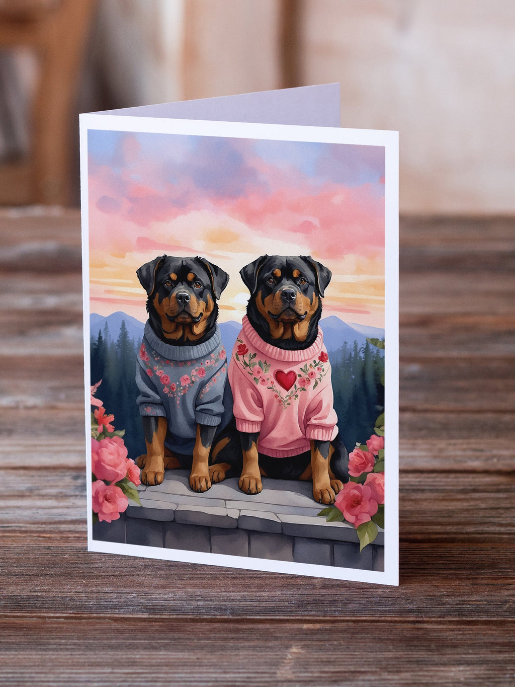 Rottweiler Two Hearts Greeting Cards Pack of 8 Blank Cards with Envelopes Whimsical A7 Size 5x7