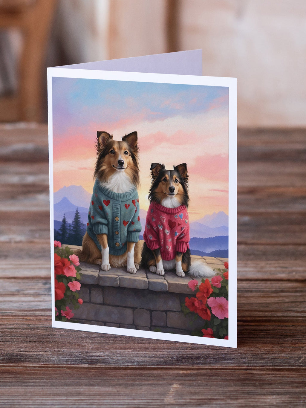 Sheltie Two Hearts Greeting Cards Pack of 8 Blank Cards with Envelopes Whimsical A7 Size 5x7