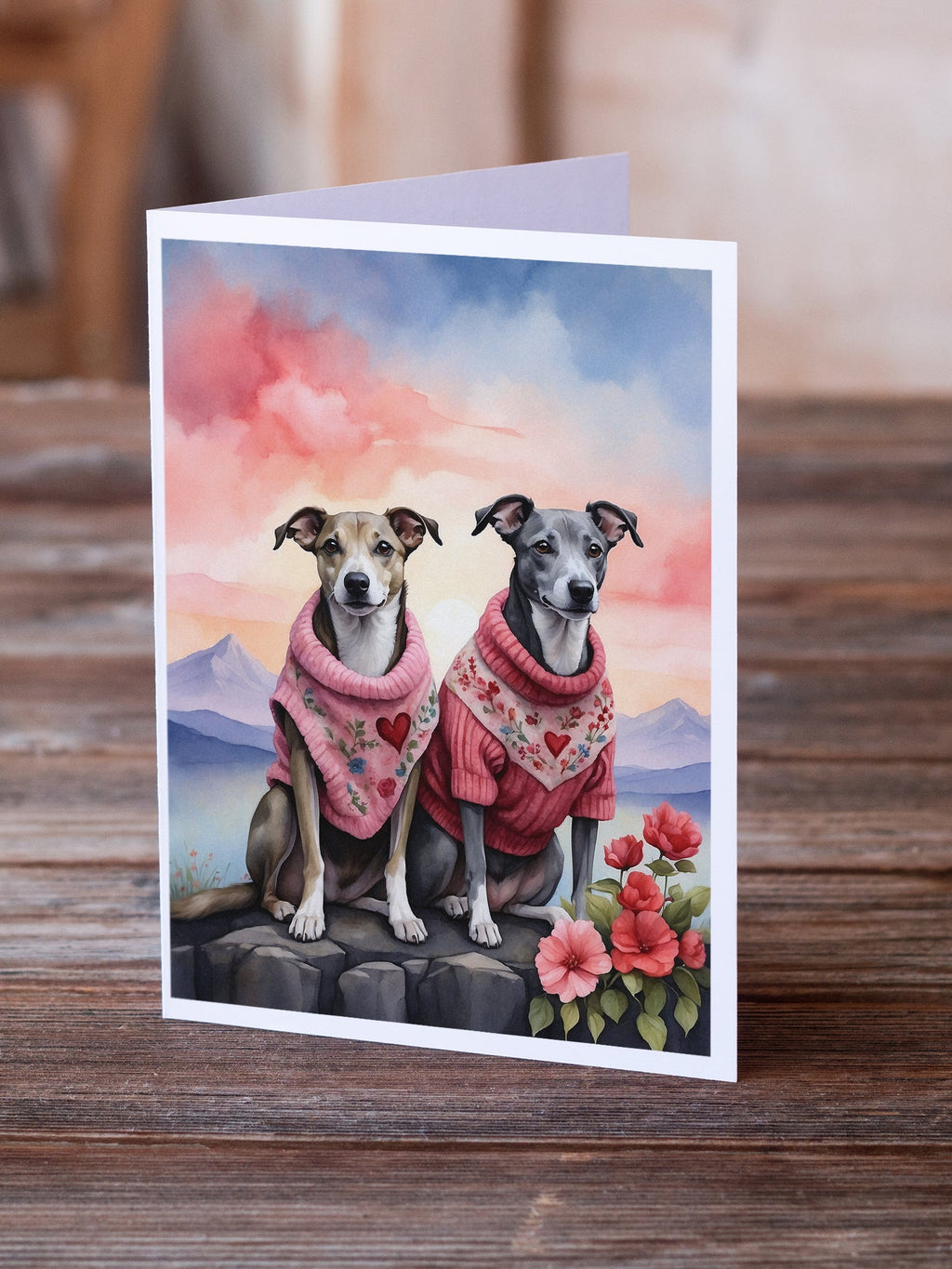 Whippet Two Hearts Greeting Cards Pack of 8 Blank Cards with Envelopes Whimsical A7 Size 5x7