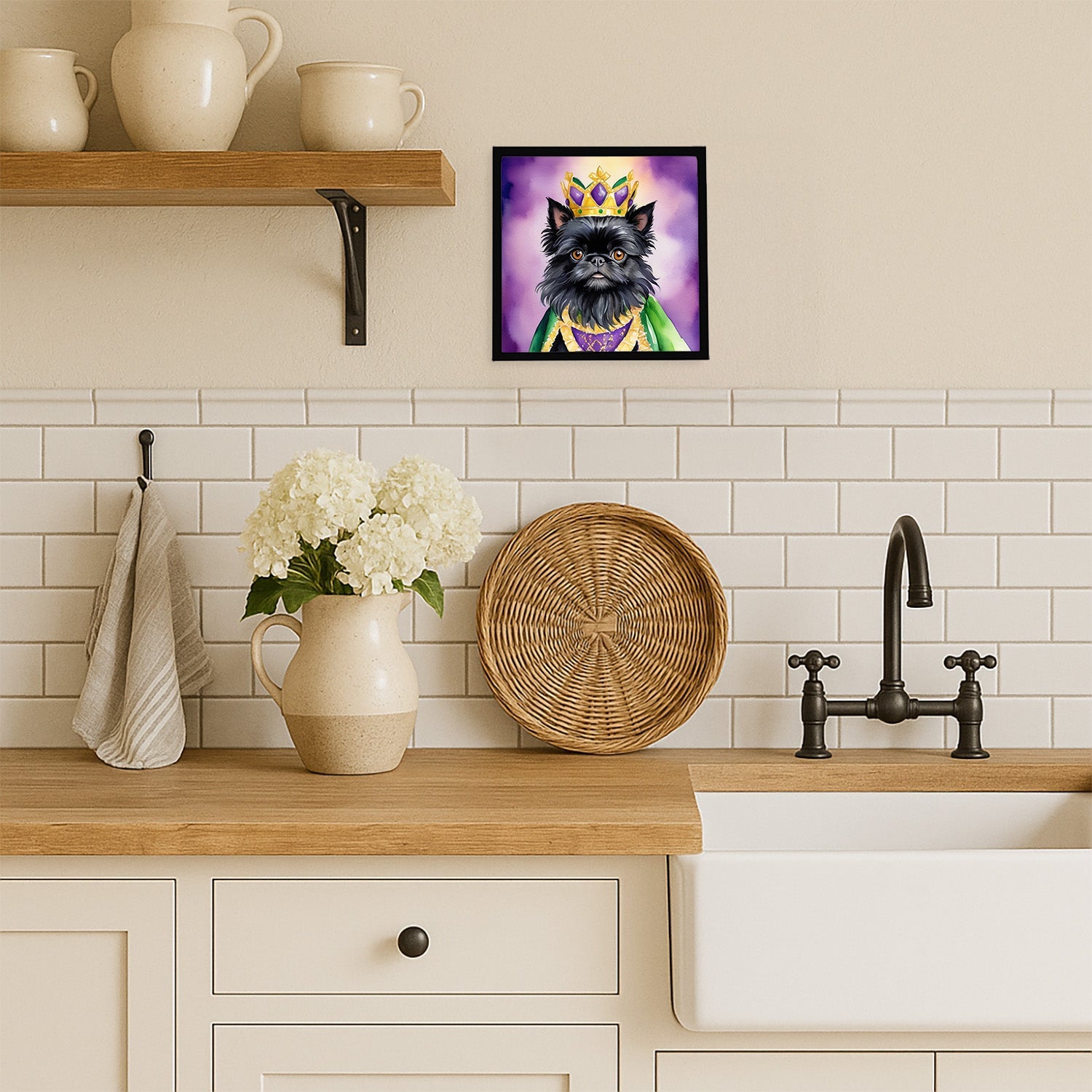 Affenpinscher King of Mardi Gras Framed Metal Print Bathroom, Kitchen, Office, Home Decor Wall Art Ready to Hang, Square, 8X8