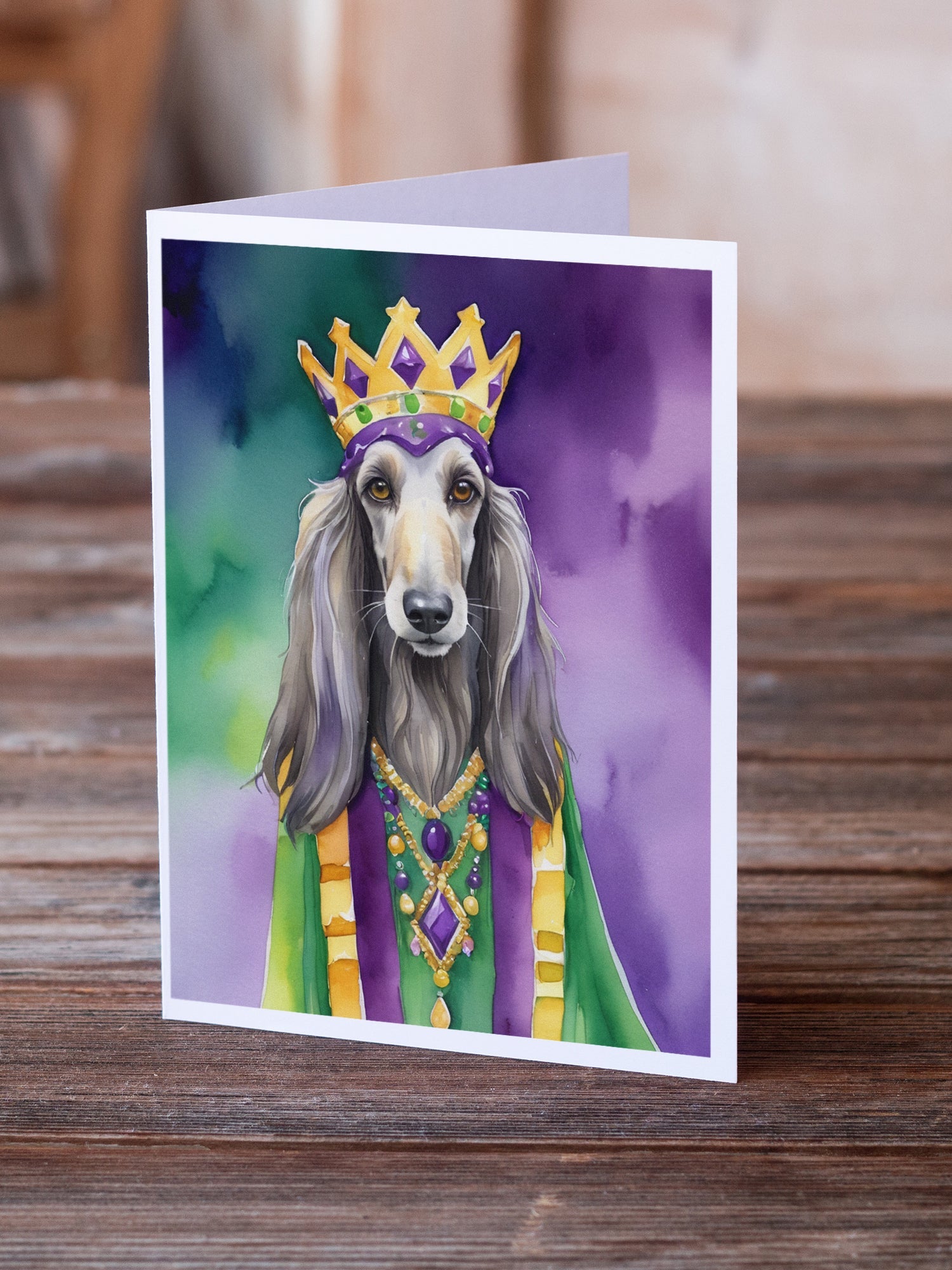 Afghan Hound King of Mardi Gras Greeting Cards Pack of 8 Blank Cards with Envelopes Whimsical A7 Size 5x7
