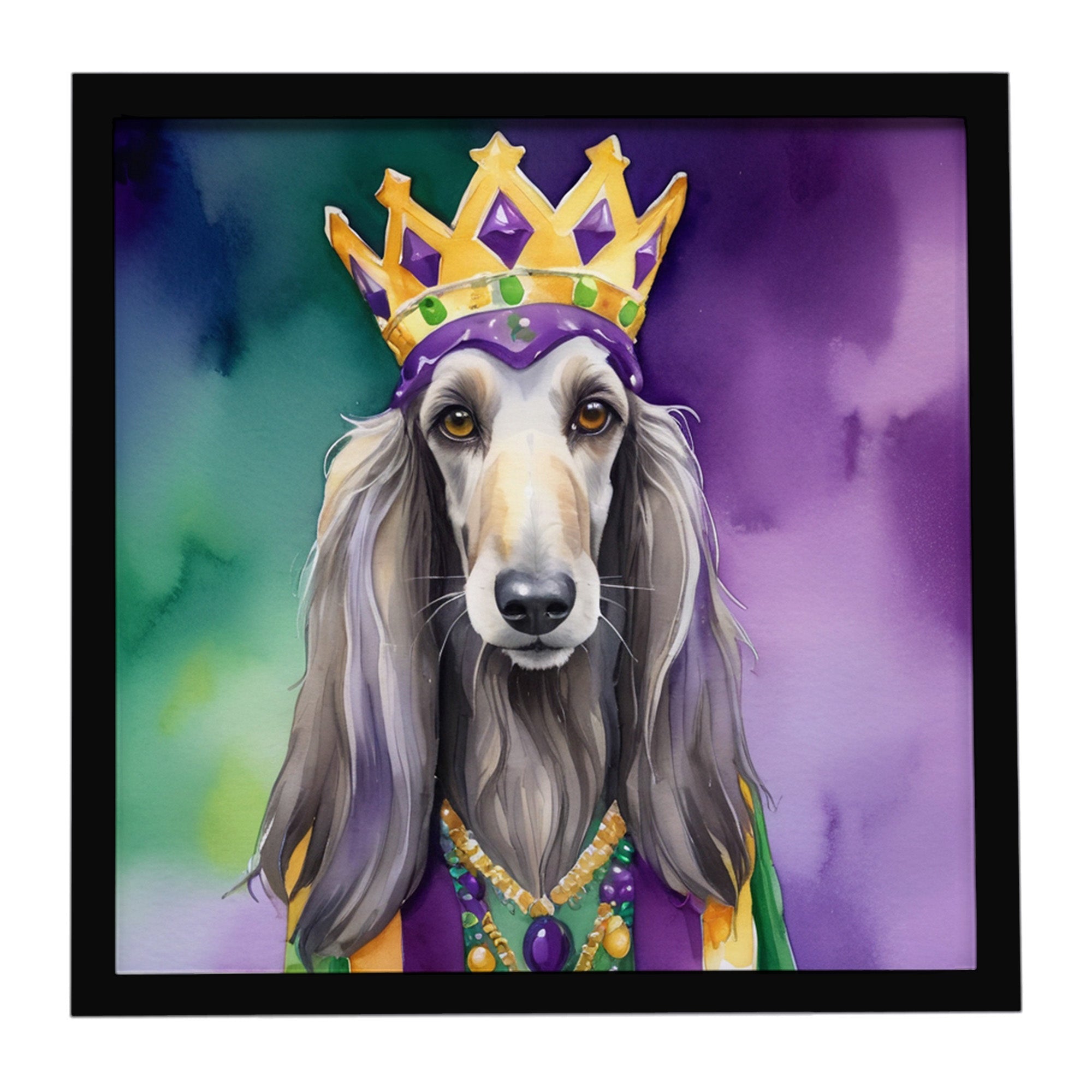 Afghan Hound King of Mardi Gras Framed Metal Print Bathroom, Kitchen, Office, Home Decor Wall Art Ready to Hang, Square, 8X8