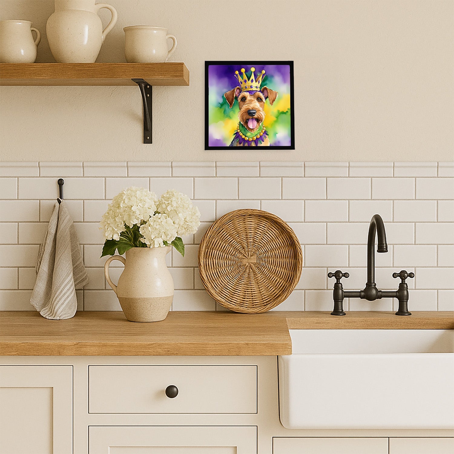Airedale Terrier King of Mardi Gras Framed Metal Print Bathroom, Kitchen, Office, Home Decor Wall Art Ready to Hang, Square, 8X8