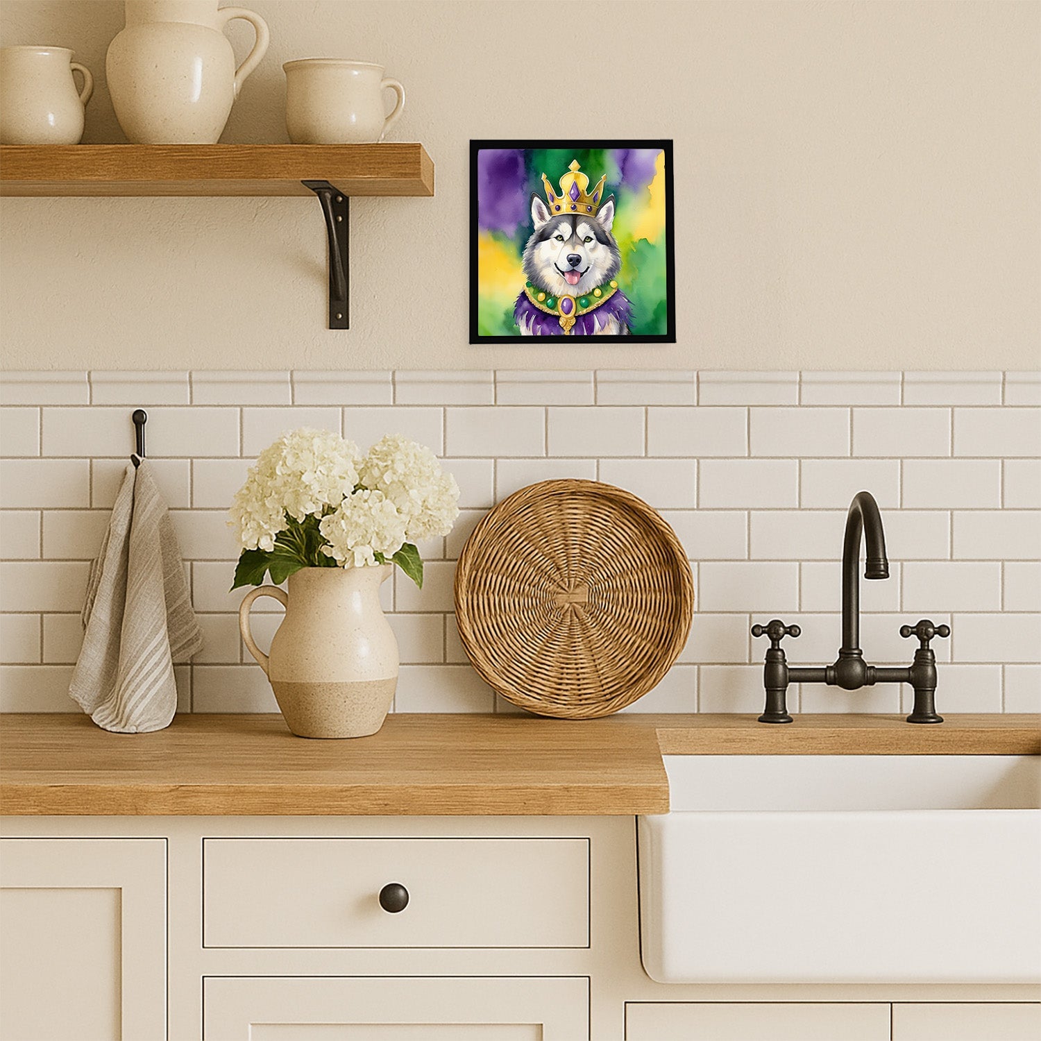 Alaskan Malamute King of Mardi Gras Framed Metal Print Bathroom, Kitchen, Office, Home Decor Wall Art Ready to Hang, Square, 8X8