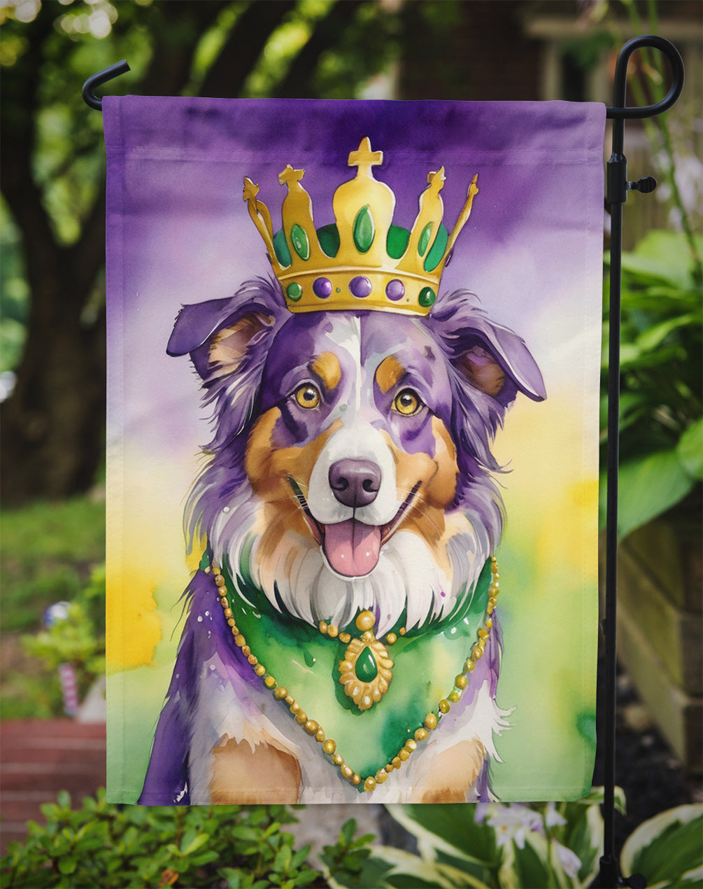 Australian Shepherd King of Mardi Gras Garden Flag Mailbox Decorative Yard Banner Outside Patio Artwork for Flower Beds, Garden Size, Multicolor