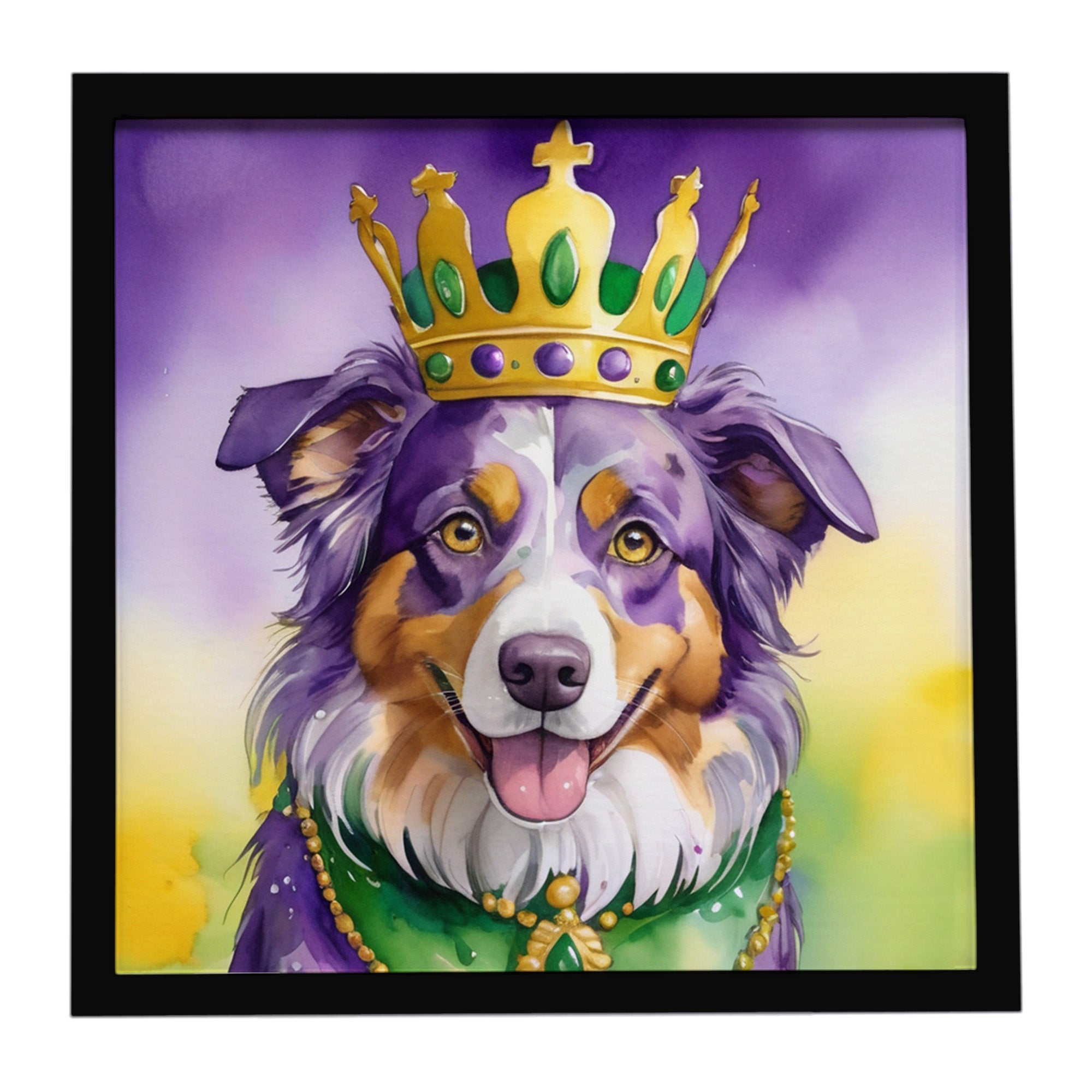 Australian Shepherd King of Mardi Gras Framed Metal Print Bathroom, Kitchen, Office, Home Decor Wall Art Ready to Hang, Square, 8X8