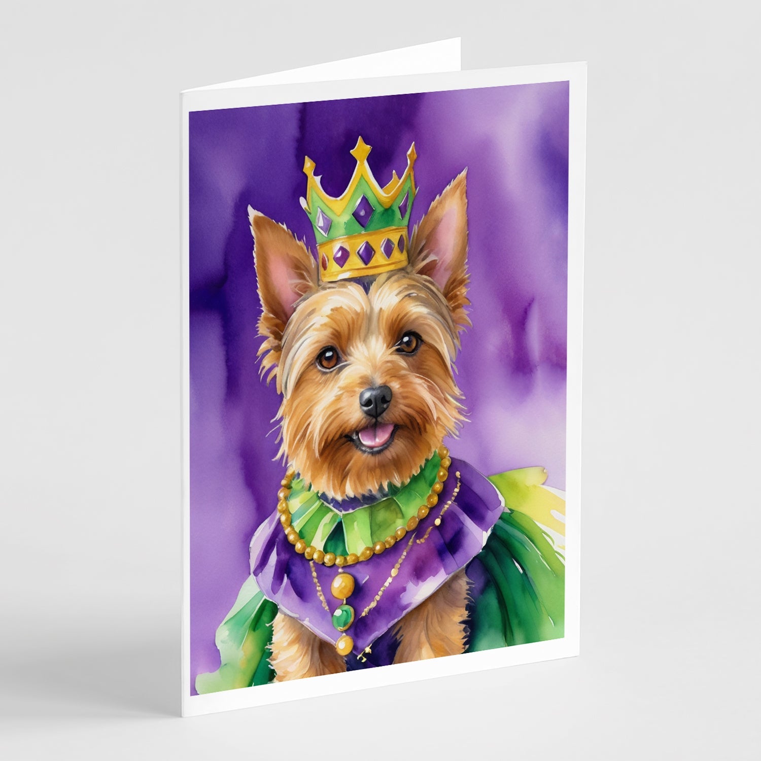Australian Terrier King of Mardi Gras Greeting Cards Pack of 8 Blank Cards with Envelopes Whimsical A7 Size 5x7