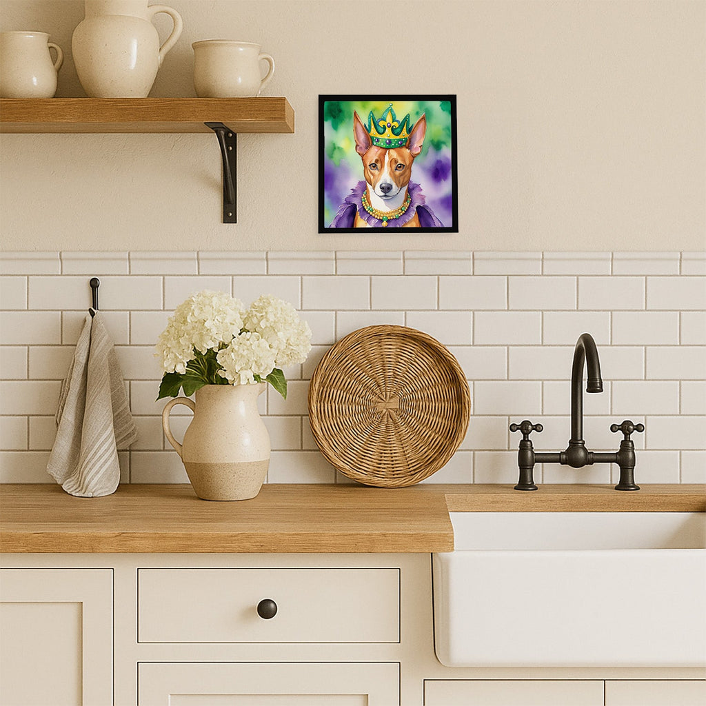 Basenji King of Mardi Gras Framed Metal Print Bathroom, Kitchen, Office, Home Decor Wall Art Ready to Hang, Square, 8X8