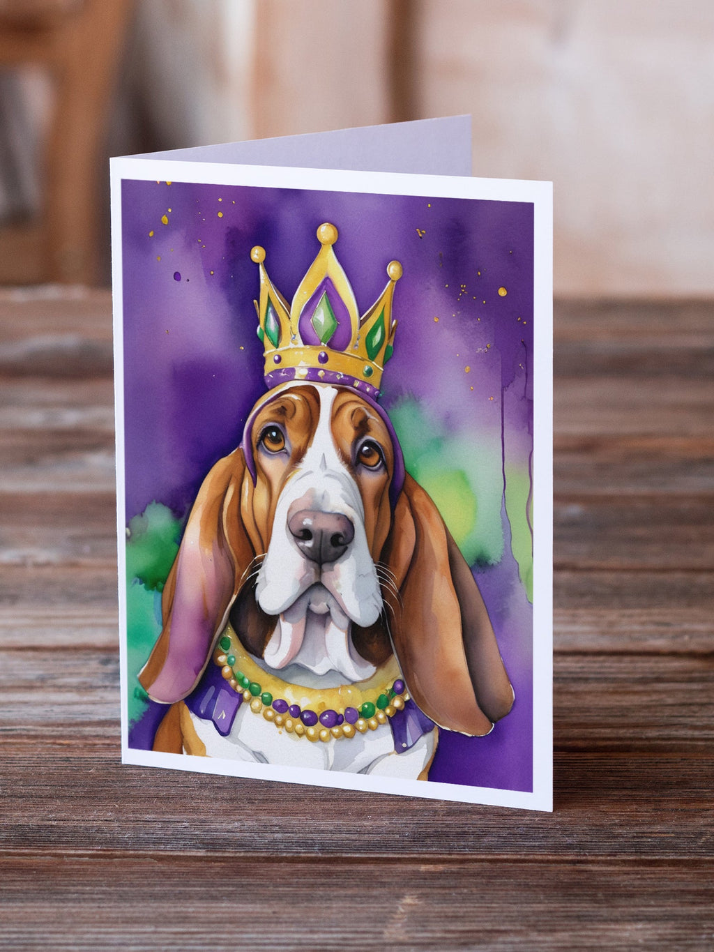 Basset Hound King of Mardi Gras Greeting Cards Pack of 8 Blank Cards with Envelopes Whimsical A7 Size 5x7