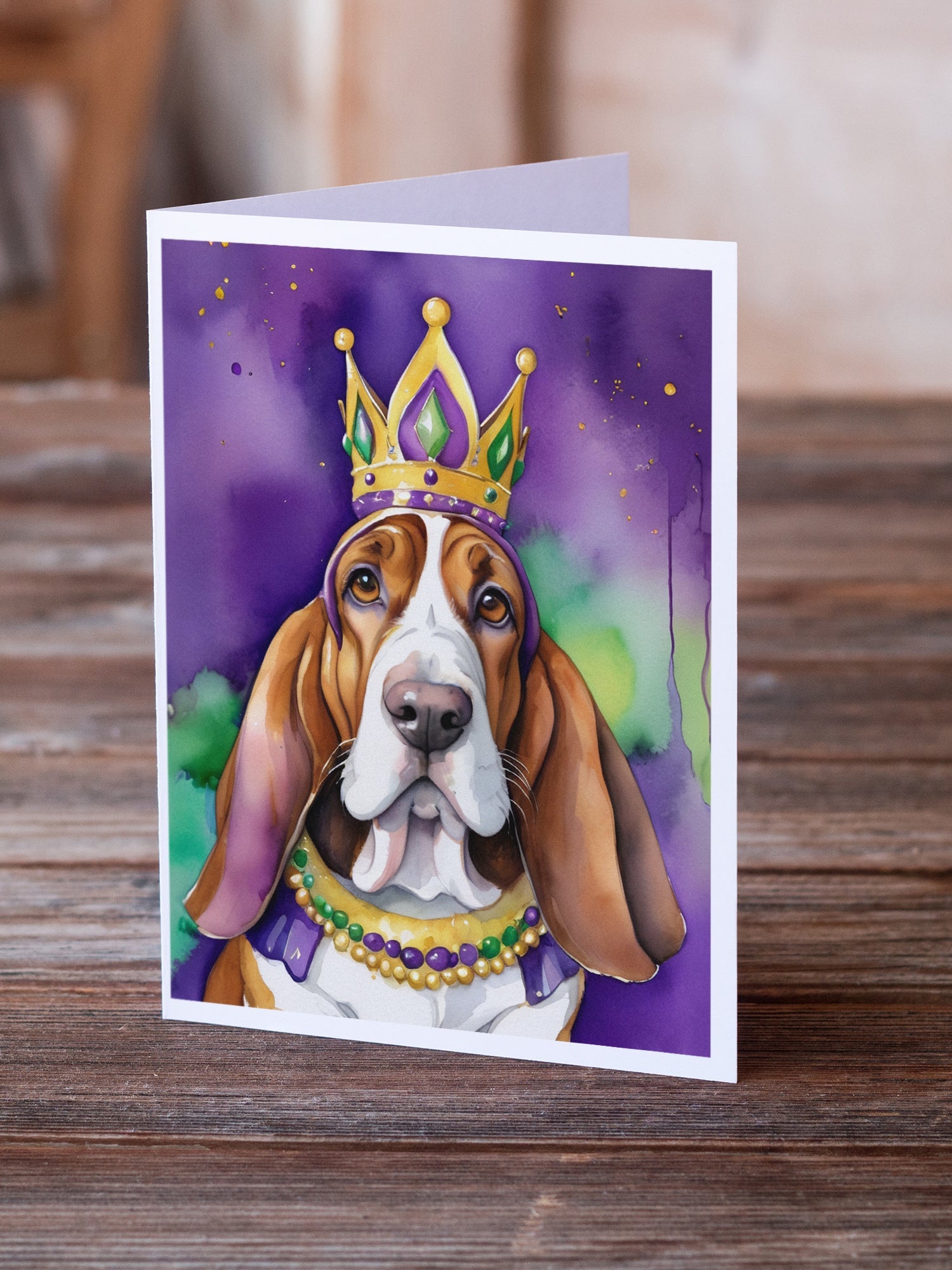 Basset Hound King of Mardi Gras Greeting Cards Pack of 8 Blank Cards with Envelopes Whimsical A7 Size 5x7