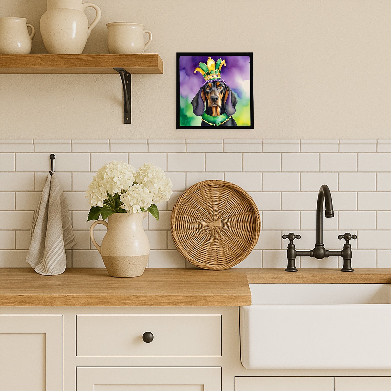 Black and Tan Coonhound King of Mardi Gras Framed Metal Print Bathroom, Kitchen, Office, Home Decor Wall Art Ready to Hang, Square, 8X8