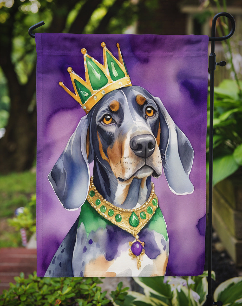 Bluetick Coonhound King of Mardi Gras Garden Flag Mailbox Decorative Yard Banner Outside Patio Artwork for Flower Beds, Garden Size, Multicolor