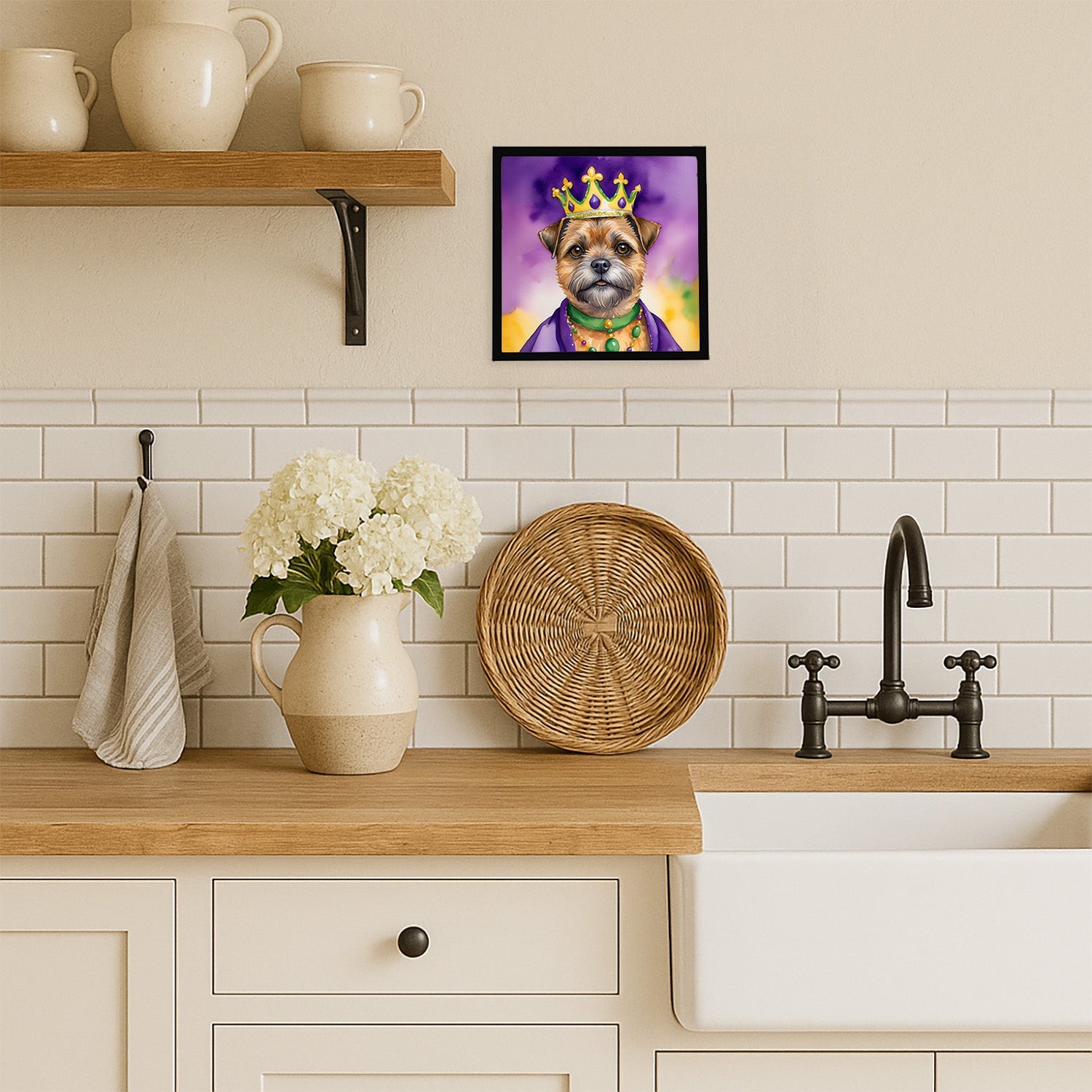 Border Terrier King of Mardi Gras Framed Metal Print Bathroom, Kitchen, Office, Home Decor Wall Art Ready to Hang, Square, 8X8