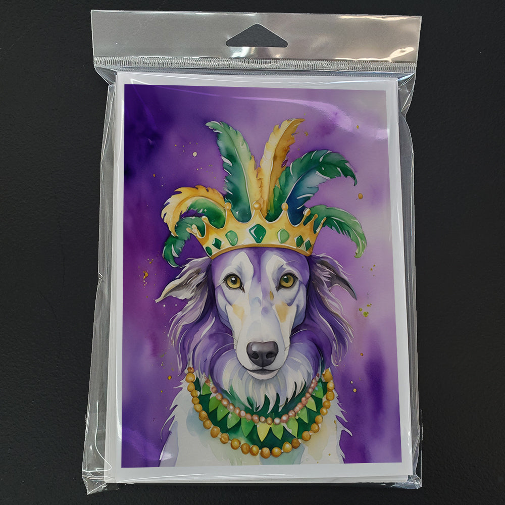 Borzoi King of Mardi Gras Greeting Cards Pack of 8 Blank Cards with Envelopes Whimsical A7 Size 5x7