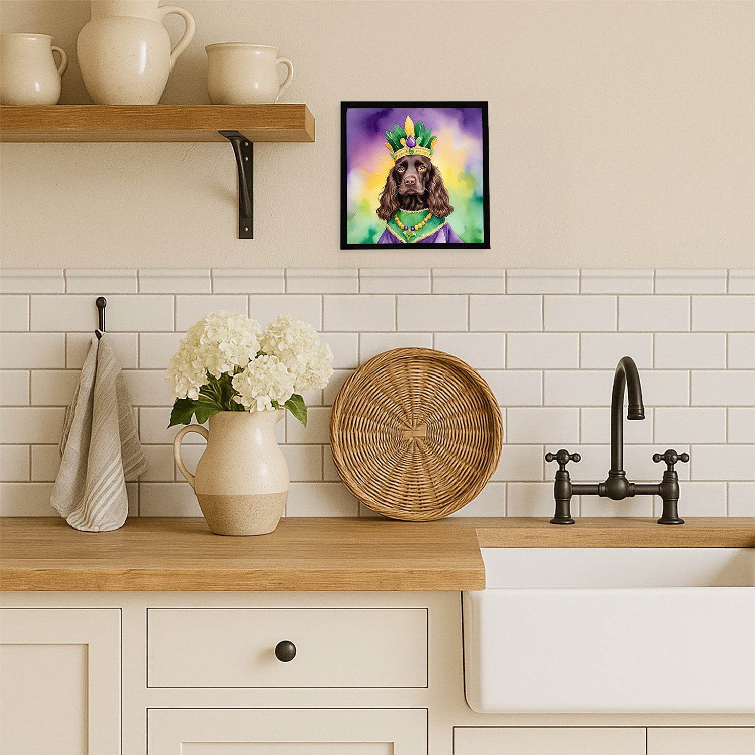 Boykin Spaniel King of Mardi Gras Framed Metal Print Bathroom, Kitchen, Office, Home Decor Wall Art Ready to Hang, Square, 8X8
