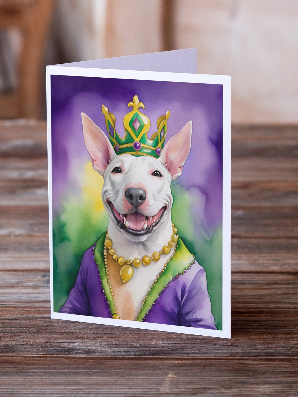 Bull Terrier King of Mardi Gras Greeting Cards Pack of 8 Blank Cards with Envelopes Whimsical A7 Size 5x7