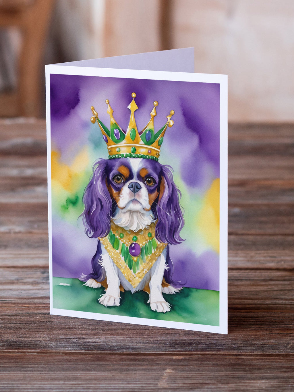 Cavalier Spaniel King of Mardi Gras Greeting Cards Pack of 8 Blank Cards with Envelopes Whimsical A7 Size 5x7