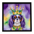 Cavalier Spaniel King of Mardi Gras Framed Metal Print Bathroom, Kitchen, Office, Home Decor Wall Art Ready to Hang, Square, 8X8