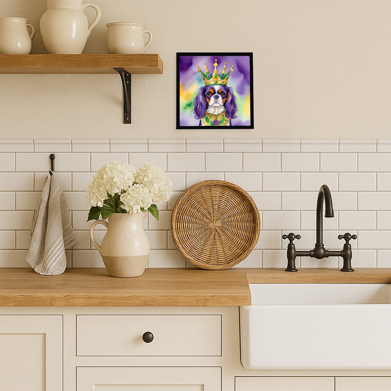 Cavalier Spaniel King of Mardi Gras Framed Metal Print Bathroom, Kitchen, Office, Home Decor Wall Art Ready to Hang, Square, 8X8