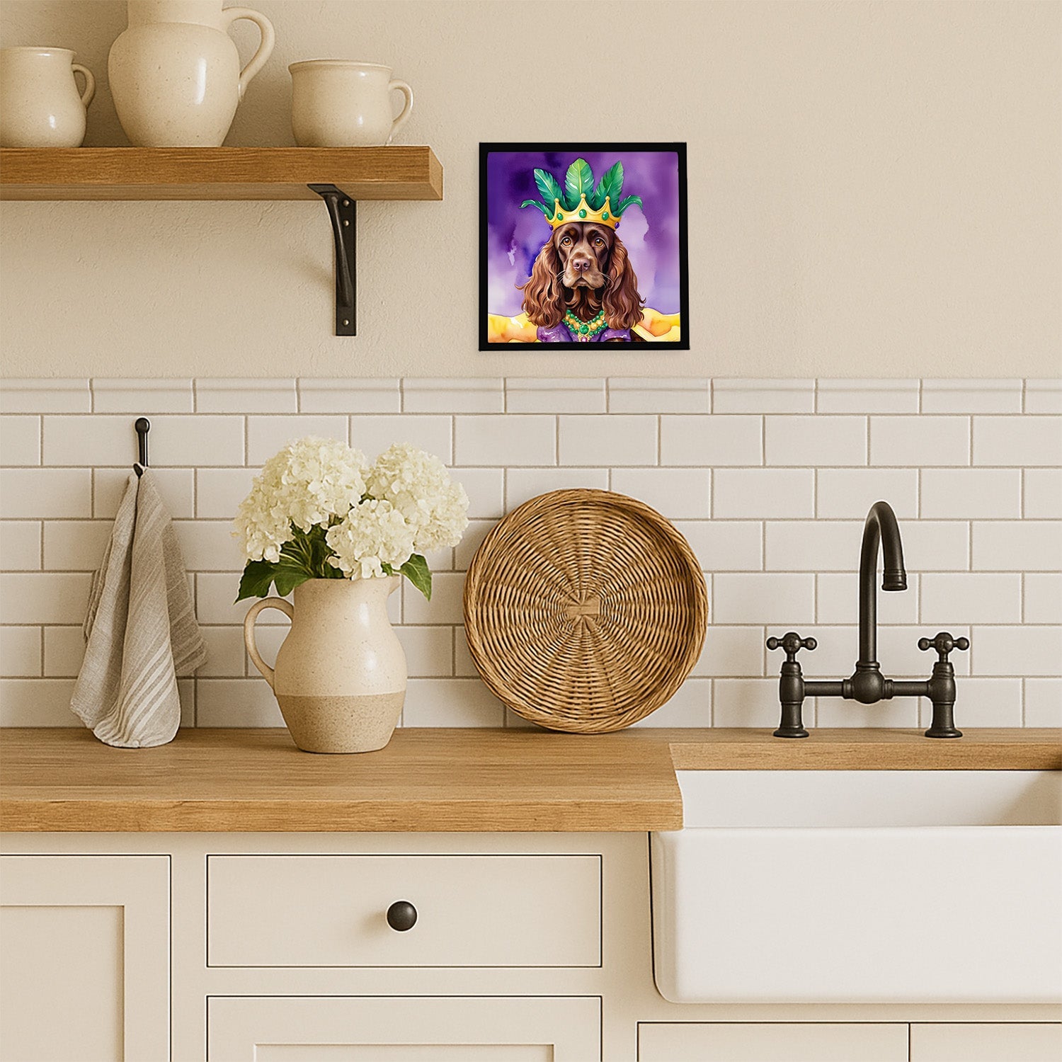 Cocker Spaniel King of Mardi Gras Framed Metal Print Bathroom, Kitchen, Office, Home Decor Wall Art Ready to Hang, Square, 8X8