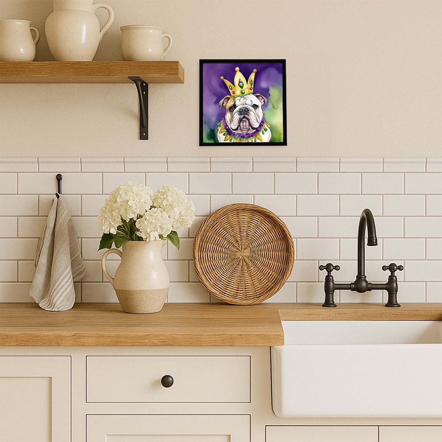 English Bulldog King of Mardi Gras Framed Metal Print Bathroom, Kitchen, Office, Home Decor Wall Art Ready to Hang, Square, 8X8