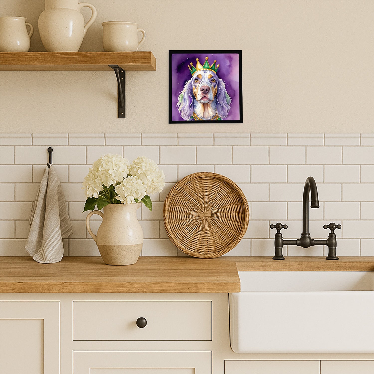 English Setter King of Mardi Gras Framed Metal Print Bathroom, Kitchen, Office, Home Decor Wall Art Ready to Hang, Square, 8X8