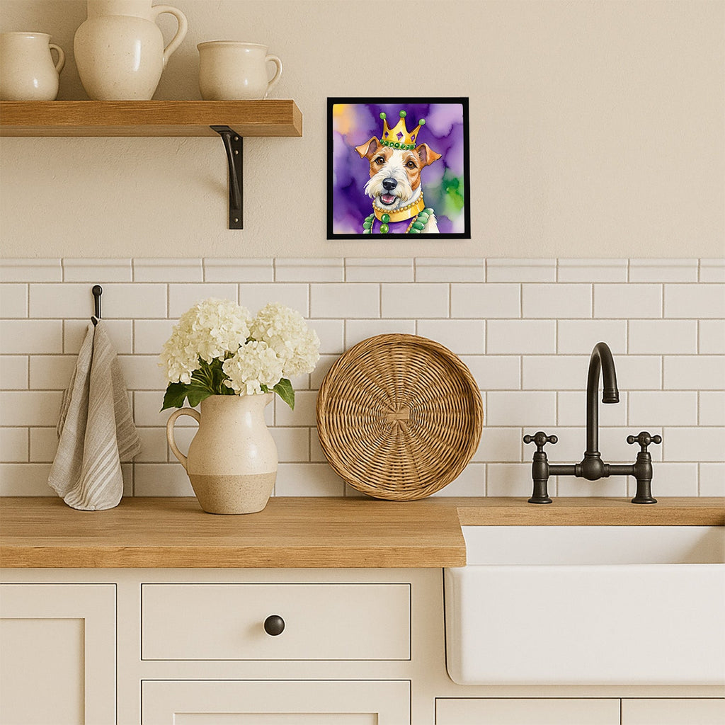 Fox Terrier King of Mardi Gras Framed Metal Print Bathroom, Kitchen, Office, Home Decor Wall Art Ready to Hang, Square, 8X8