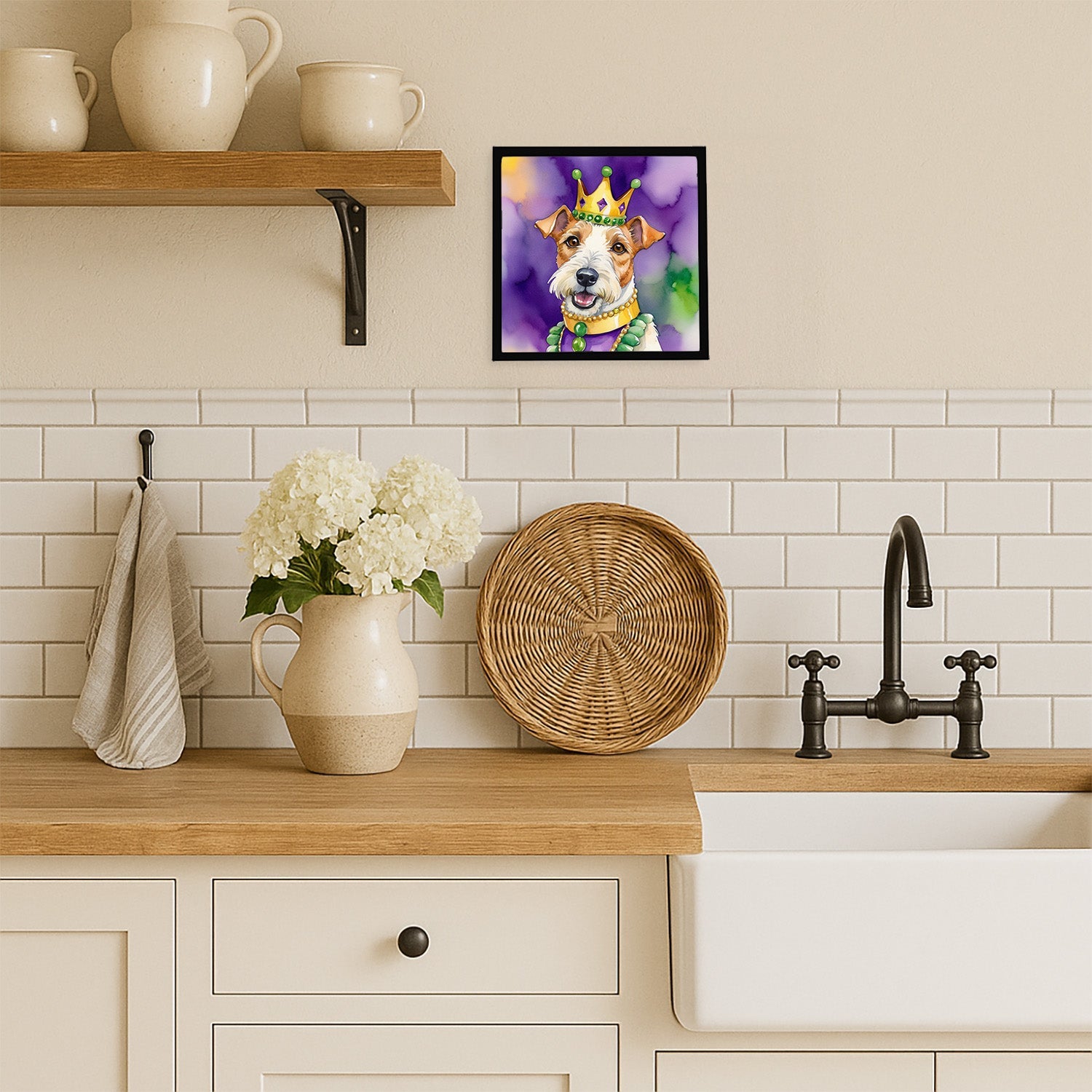 Fox Terrier King of Mardi Gras Framed Metal Print Bathroom, Kitchen, Office, Home Decor Wall Art Ready to Hang, Square, 8X8