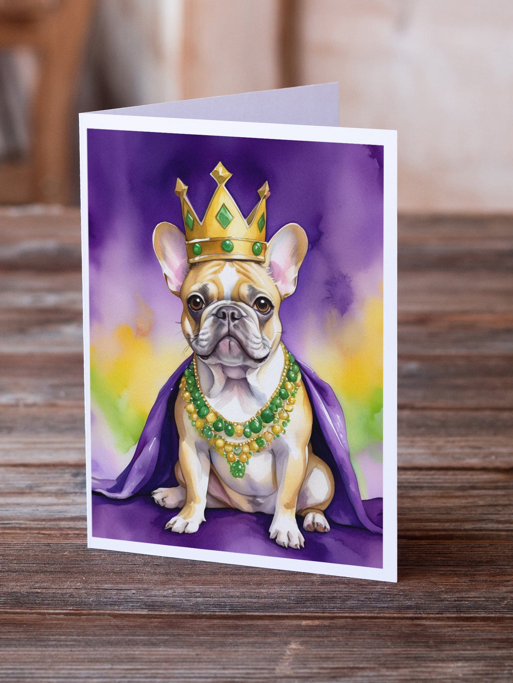 French Bulldog King of Mardi Gras Greeting Cards Pack of 8 Blank Cards with Envelopes Whimsical A7 Size 5x7