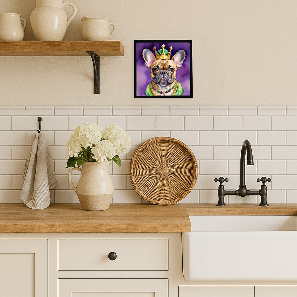 French Bulldog King of Mardi Gras Framed Metal Print Bathroom, Kitchen, Office, Home Decor Wall Art Ready to Hang, Square, 8X8