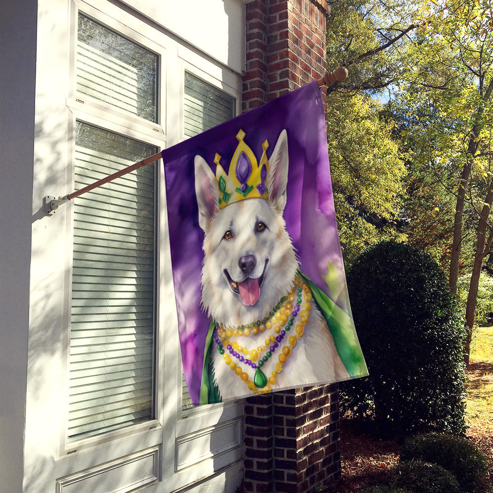 White German Shepherd King of Mardi Gras House Flag 28x40 Porch Sleeve Pole Decorative Outside Yard Banner Artwork Wall Hanging, Polyester