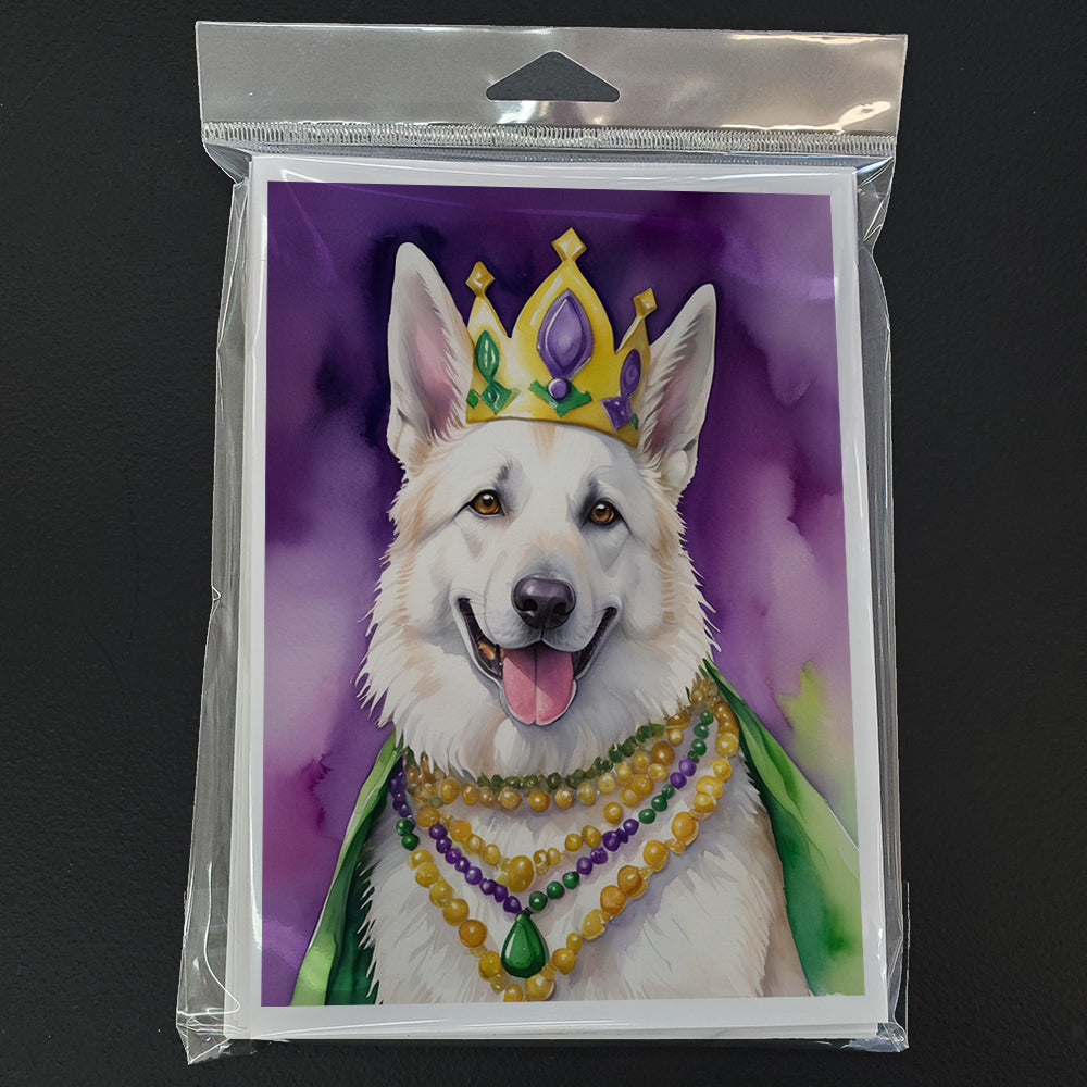 White German Shepherd King of Mardi Gras Greeting Cards Pack of 8 Blank Cards with Envelopes Whimsical A7 Size 5x7