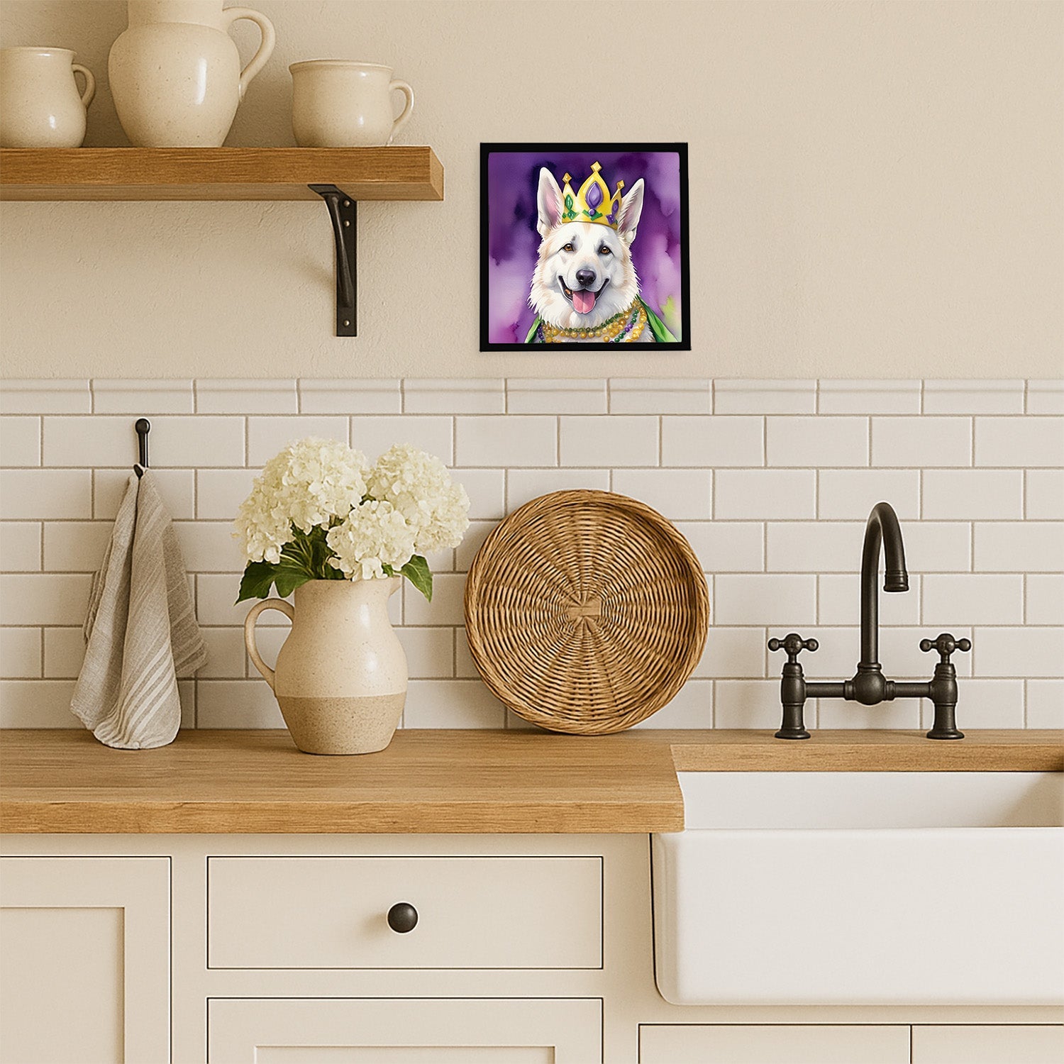 White German Shepherd King of Mardi Gras Framed Metal Print Bathroom, Kitchen, Office, Home Decor Wall Art Ready to Hang, Square, 8X8