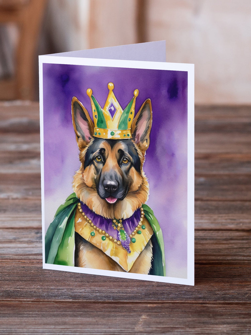 German Shepherd King of Mardi Gras Greeting Cards Pack of 8 Blank Cards with Envelopes Whimsical A7 Size 5x7