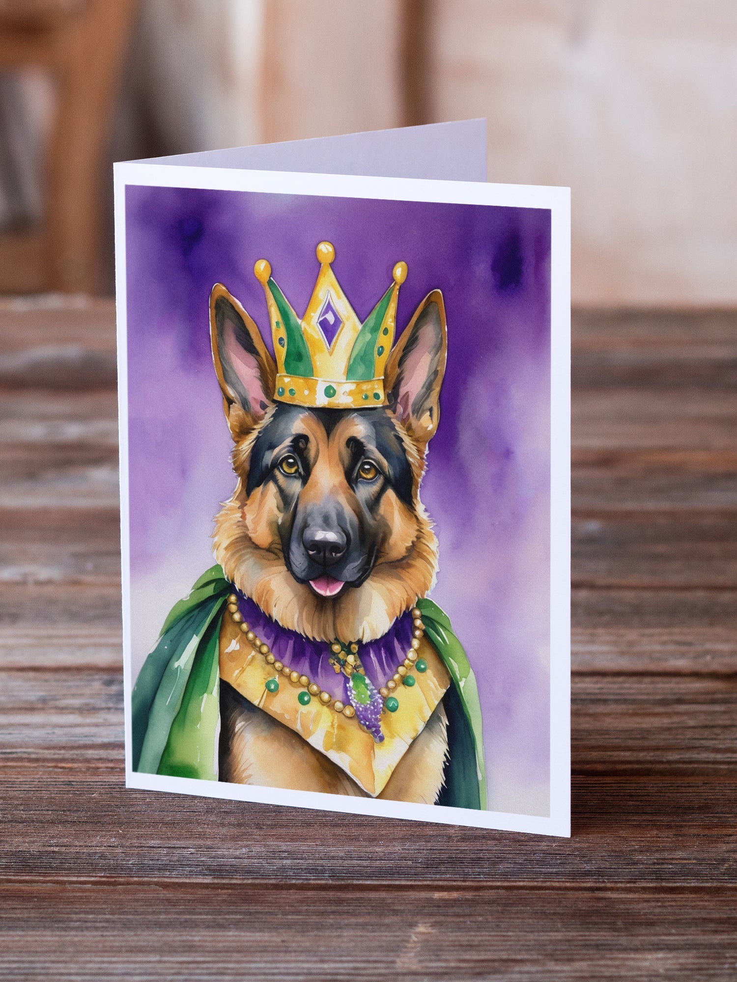 German Shepherd King of Mardi Gras Greeting Cards Pack of 8 Blank Cards with Envelopes Whimsical A7 Size 5x7