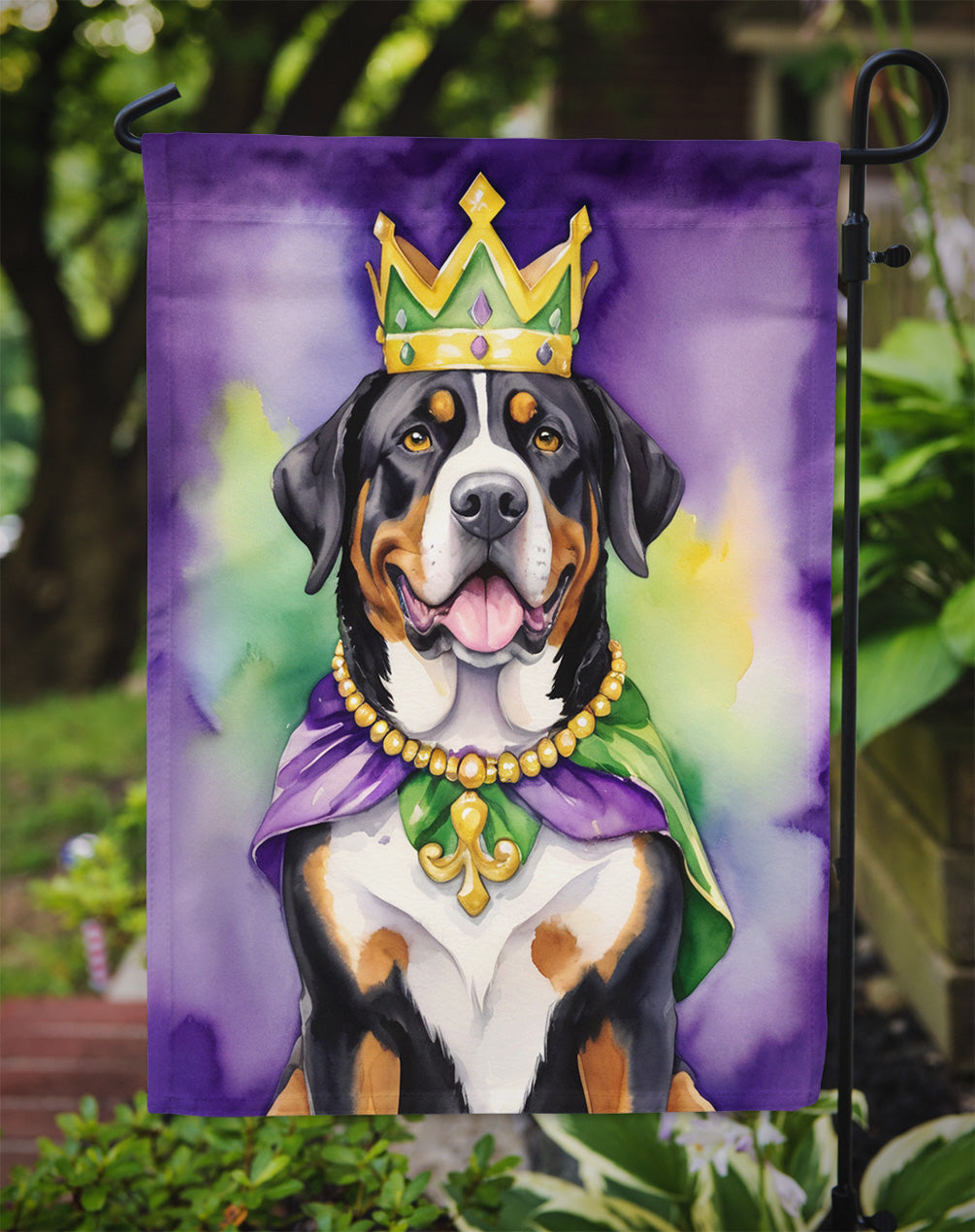 Greater Swiss Mountain Dog King of Mardi Gras Garden Flag Mailbox Decorative Yard Banner Outside Patio Artwork for Flower Beds, Garden Size, Multicolor