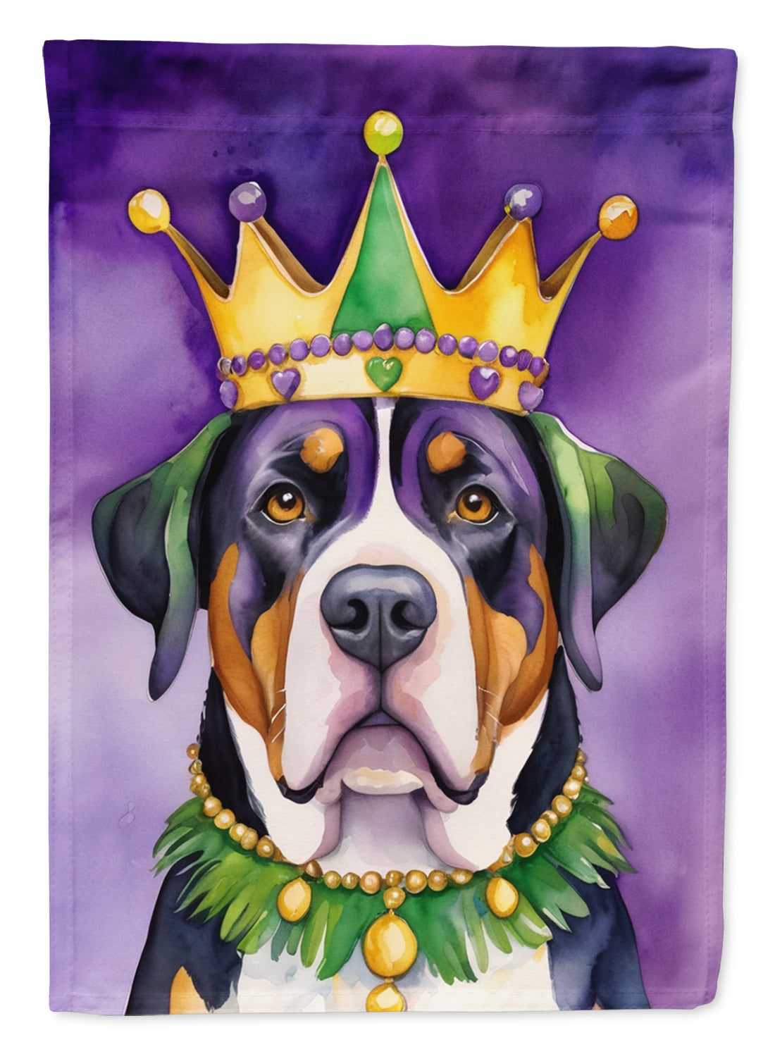 Greater Swiss Mountain Dog King of Mardi Gras House Flag 28x40 Porch Sleeve Pole Decorative Outside Yard Banner Artwork Wall Hanging, Polyester