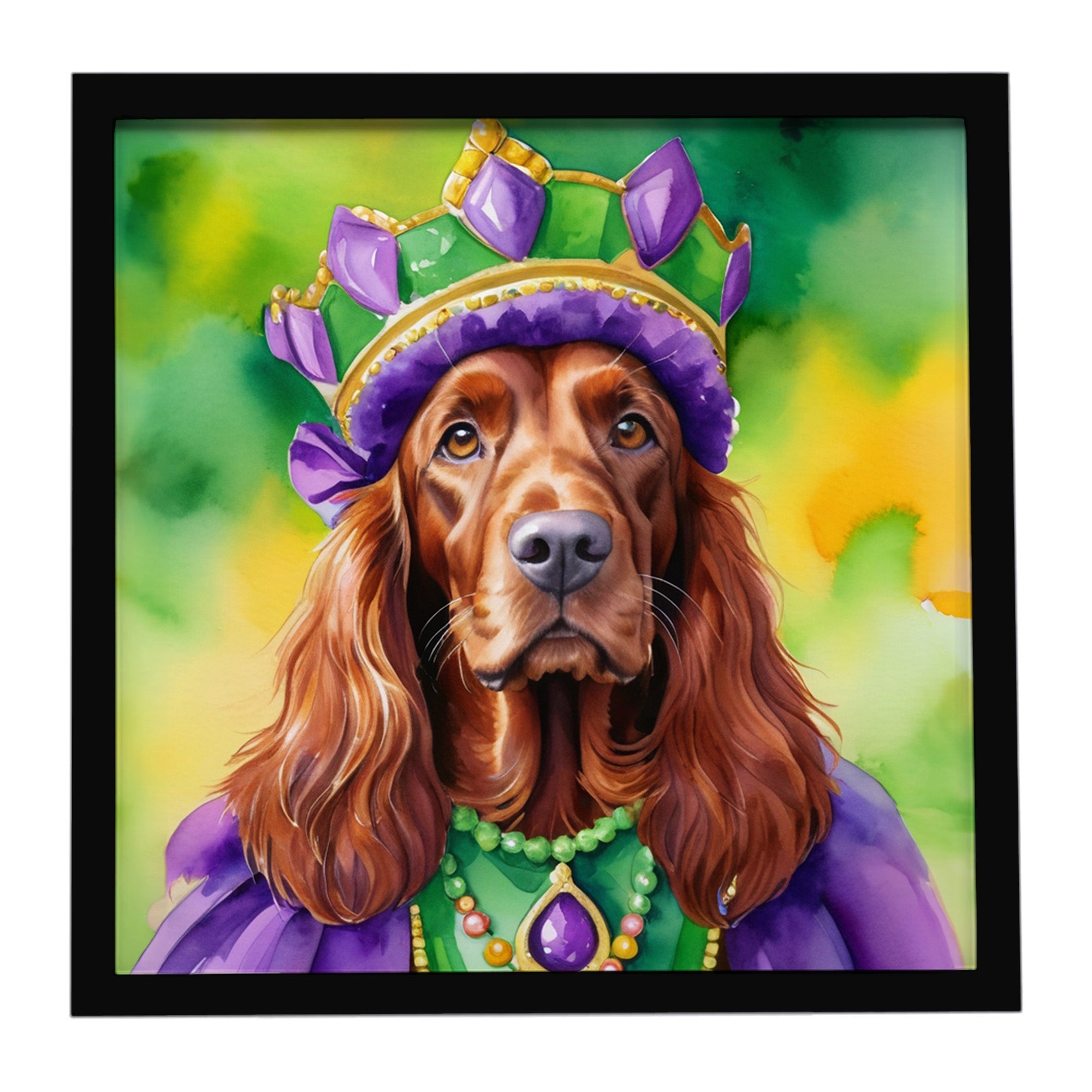 Irish Setter King of Mardi Gras Framed Metal Print Bathroom, Kitchen, Office, Home Decor Wall Art Ready to Hang, Square, 8X8