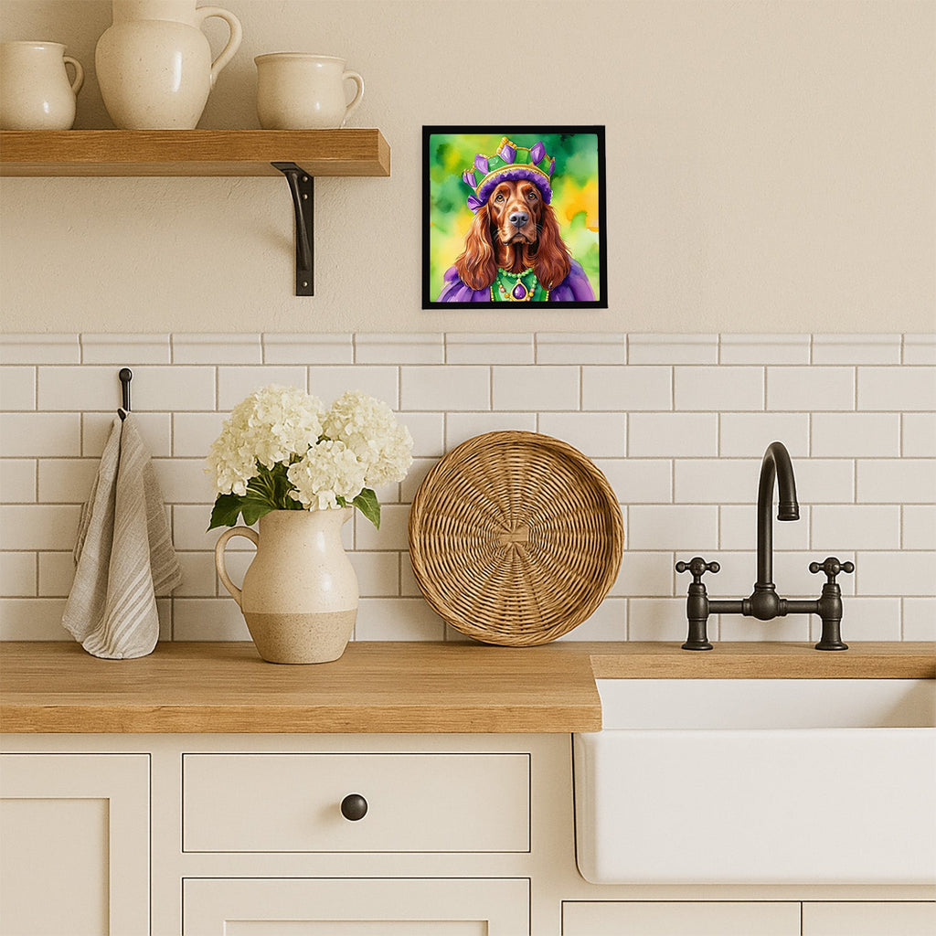 Irish Setter King of Mardi Gras Framed Metal Print Bathroom, Kitchen, Office, Home Decor Wall Art Ready to Hang, Square, 8X8