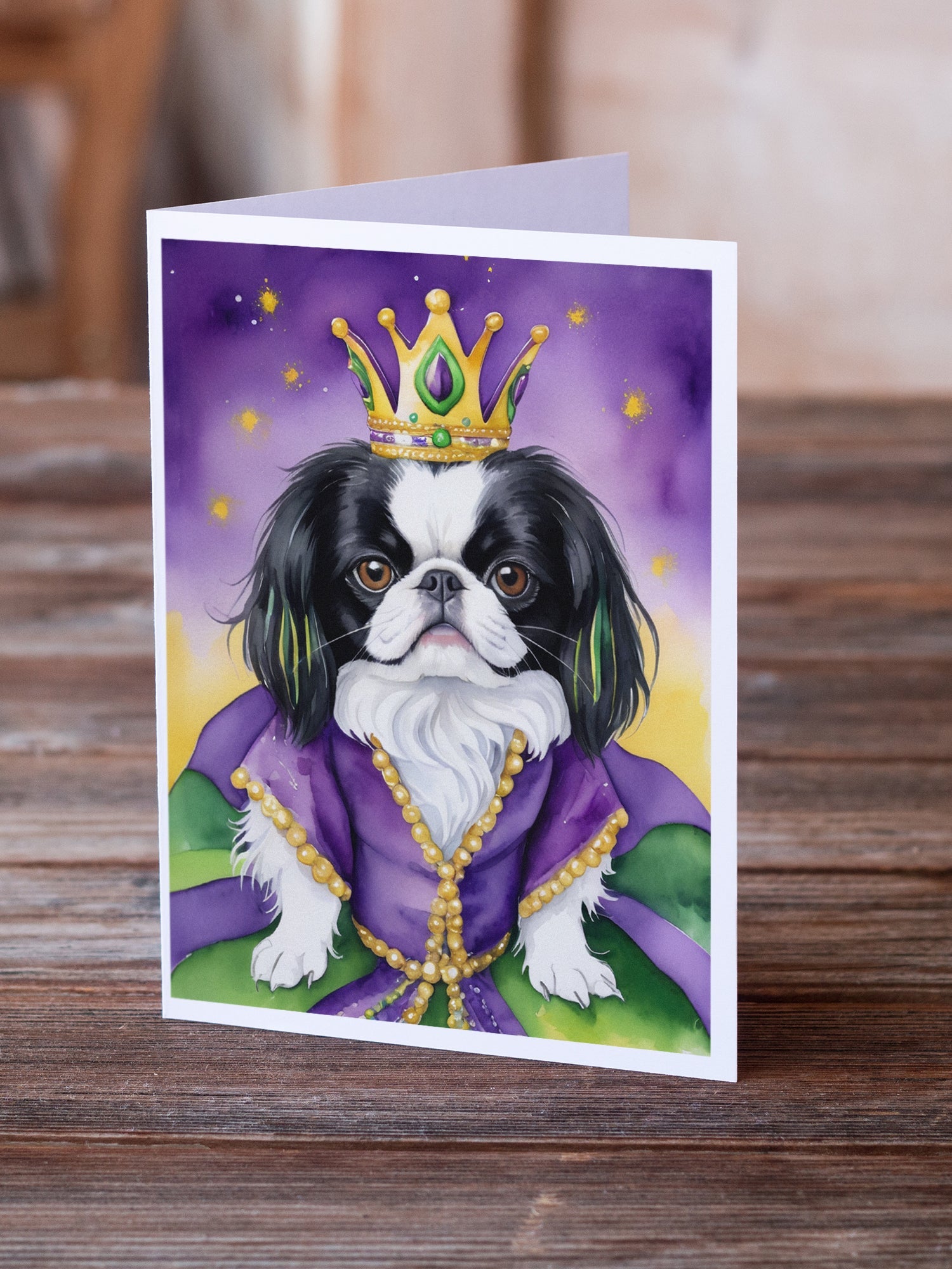 Japanese Chin King of Mardi Gras Greeting Cards Pack of 8 Blank Cards with Envelopes Whimsical A7 Size 5x7