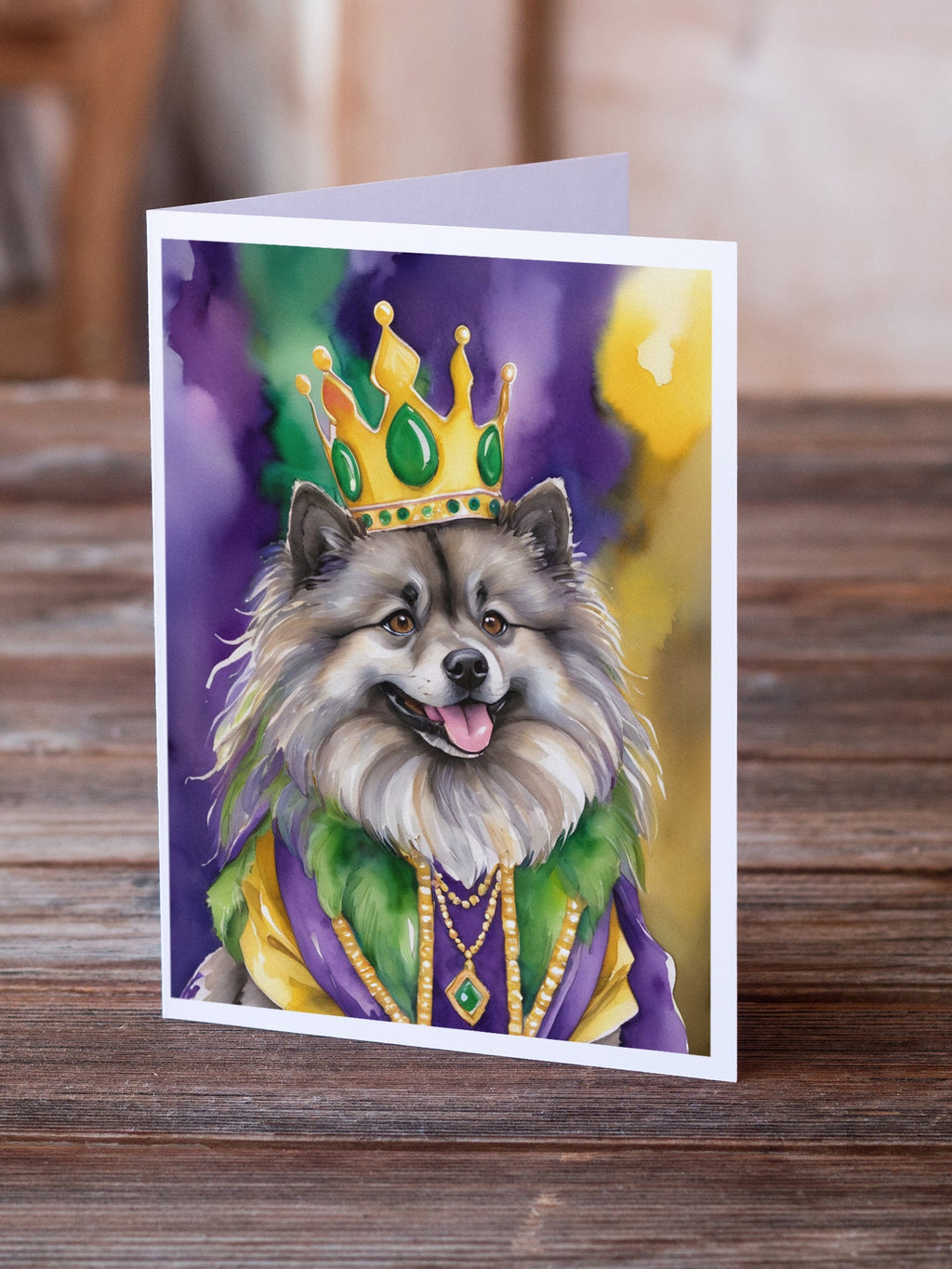 Keeshond King of Mardi Gras Greeting Cards Pack of 8 Blank Cards with Envelopes Whimsical A7 Size 5x7