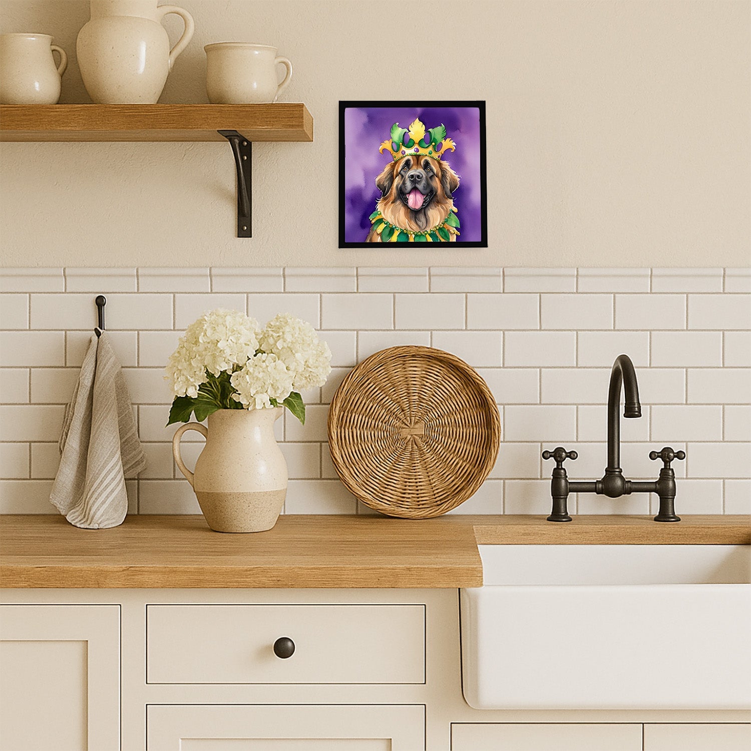 Leonberger King of Mardi Gras Framed Metal Print Bathroom, Kitchen, Office, Home Decor Wall Art Ready to Hang, Square, 8X8
