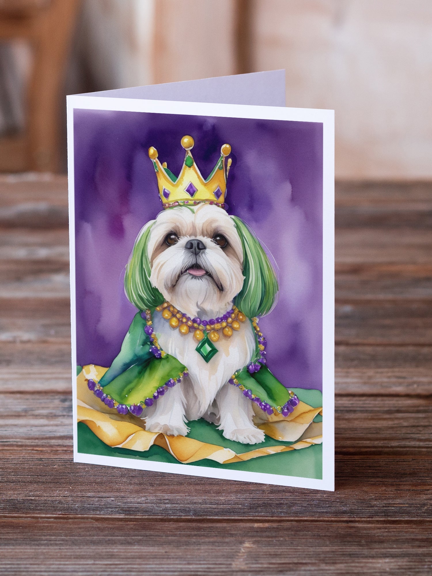 Lhasa Apso King of Mardi Gras Greeting Cards Pack of 8 Blank Cards with Envelopes Whimsical A7 Size 5x7