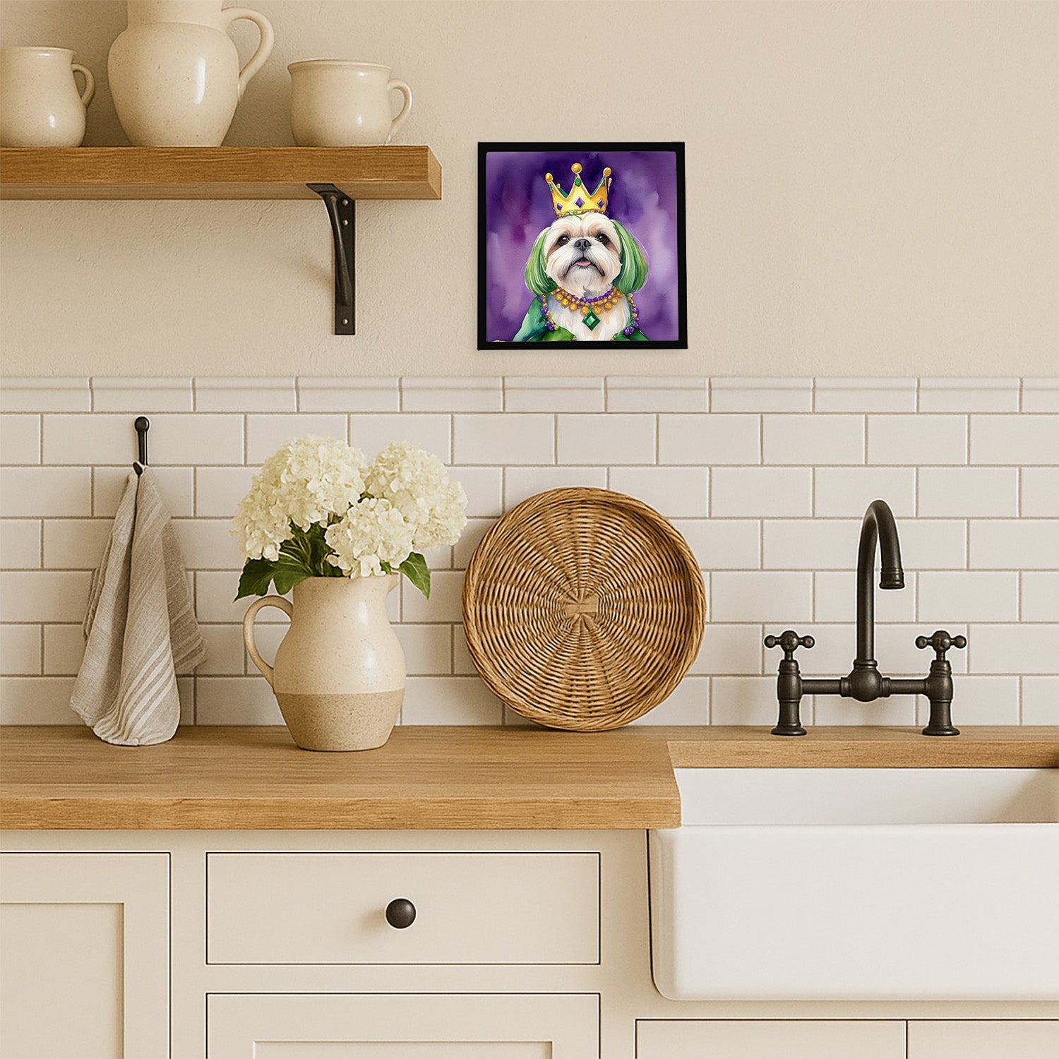 Lhasa Apso King of Mardi Gras Framed Metal Print Bathroom, Kitchen, Office, Home Decor Wall Art Ready to Hang, Square, 8X8