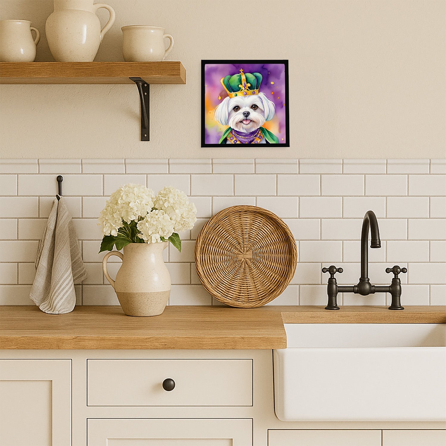 Maltese King of Mardi Gras Framed Metal Print Bathroom, Kitchen, Office, Home Decor Wall Art Ready to Hang, Square, 8X8