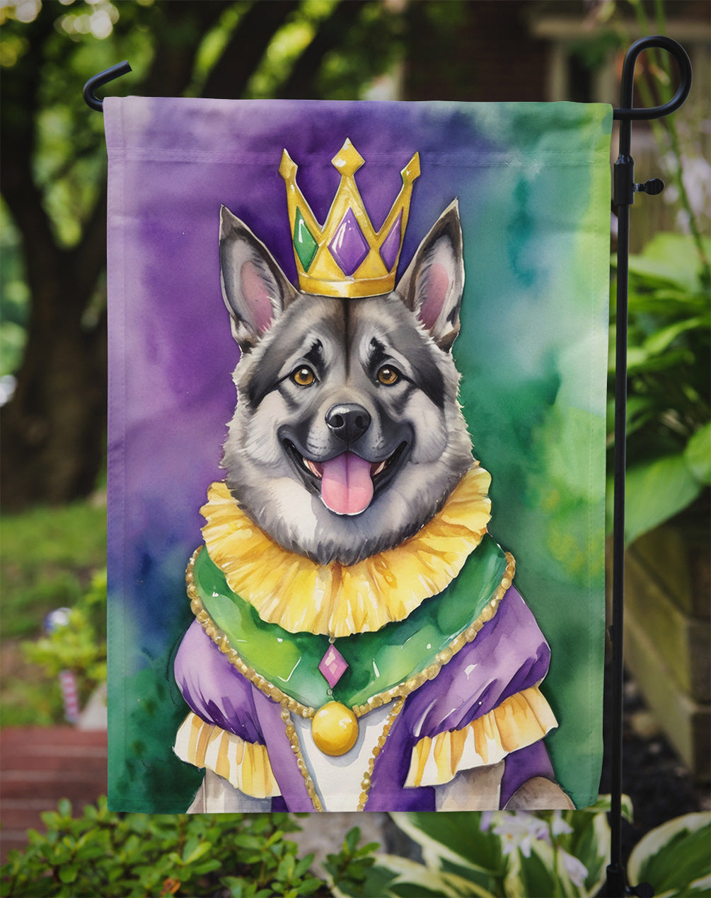 Norwegian Elkhound King of Mardi Gras Garden Flag Mailbox Decorative Yard Banner Outside Patio Artwork for Flower Beds, Garden Size, Multicolor