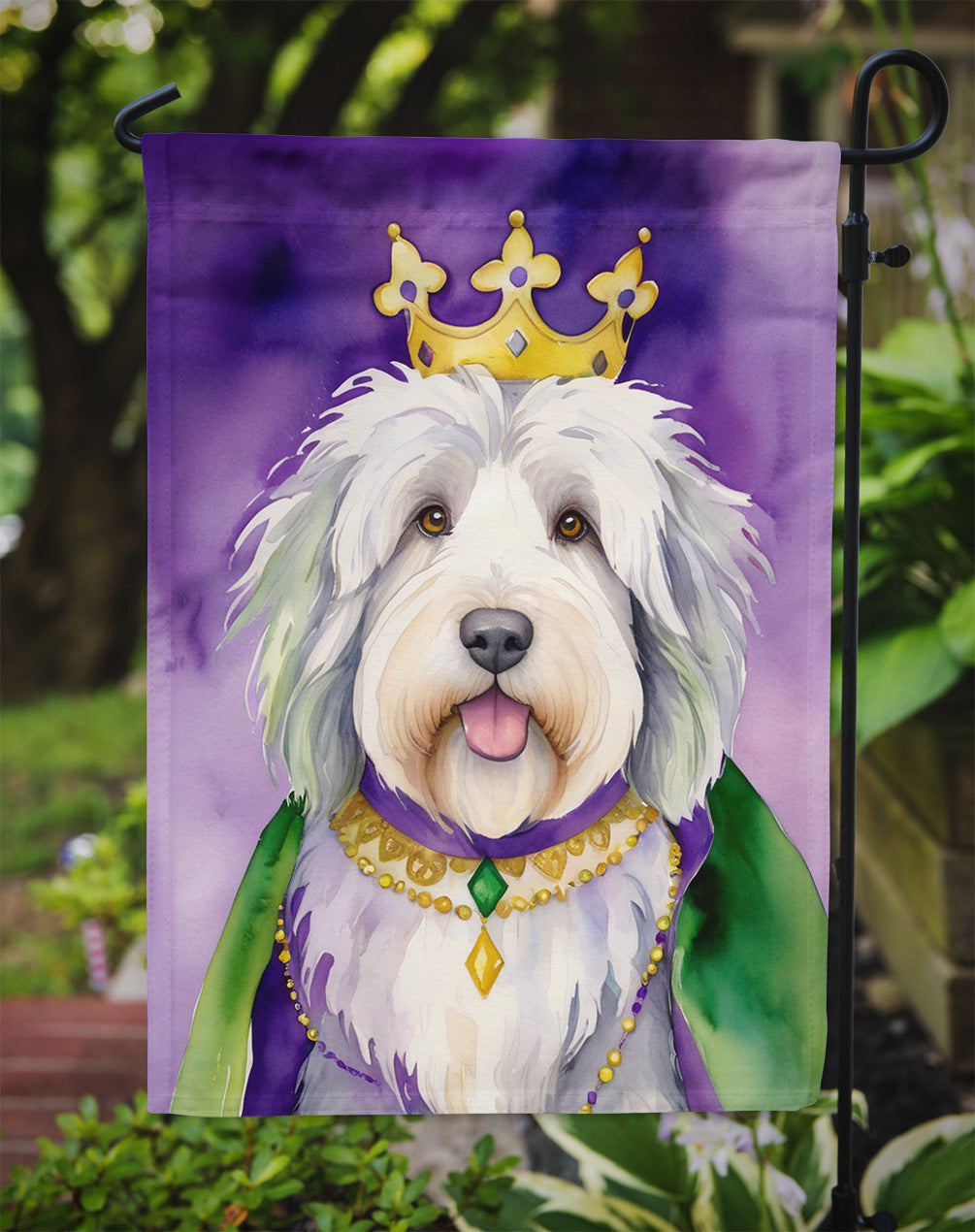 Old English Sheepdog King of Mardi Gras Garden Flag Mailbox Decorative Yard Banner Outside Patio Artwork for Flower Beds, Garden Size, Multicolor