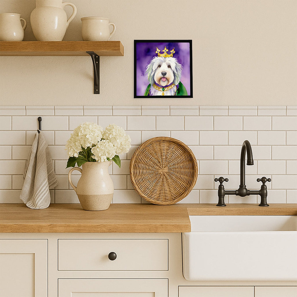 Old English Sheepdog King of Mardi Gras Framed Metal Print Bathroom, Kitchen, Office, Home Decor Wall Art Ready to Hang, Square, 8X8